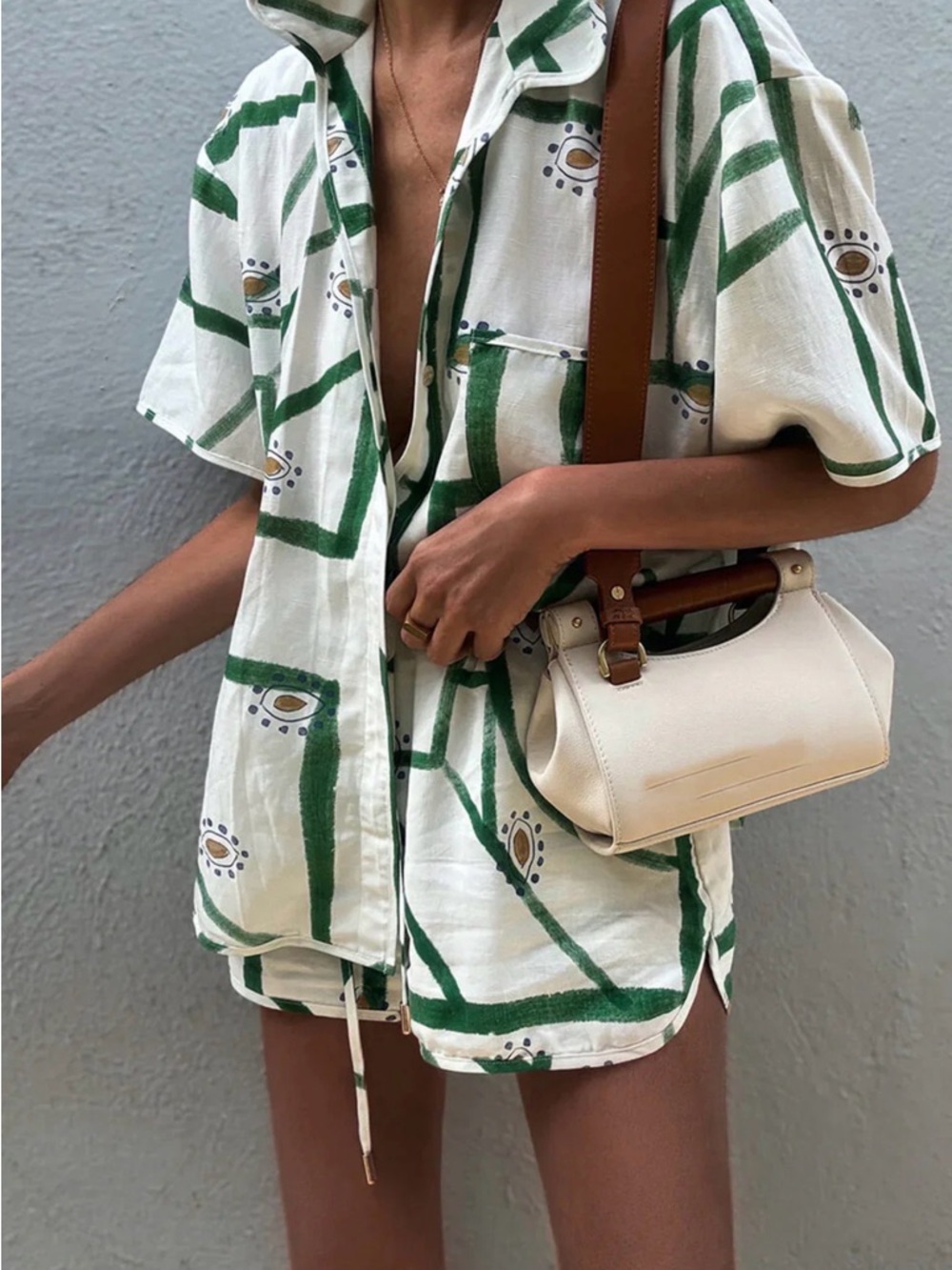 Commense Cream & Green Abstract Short Set